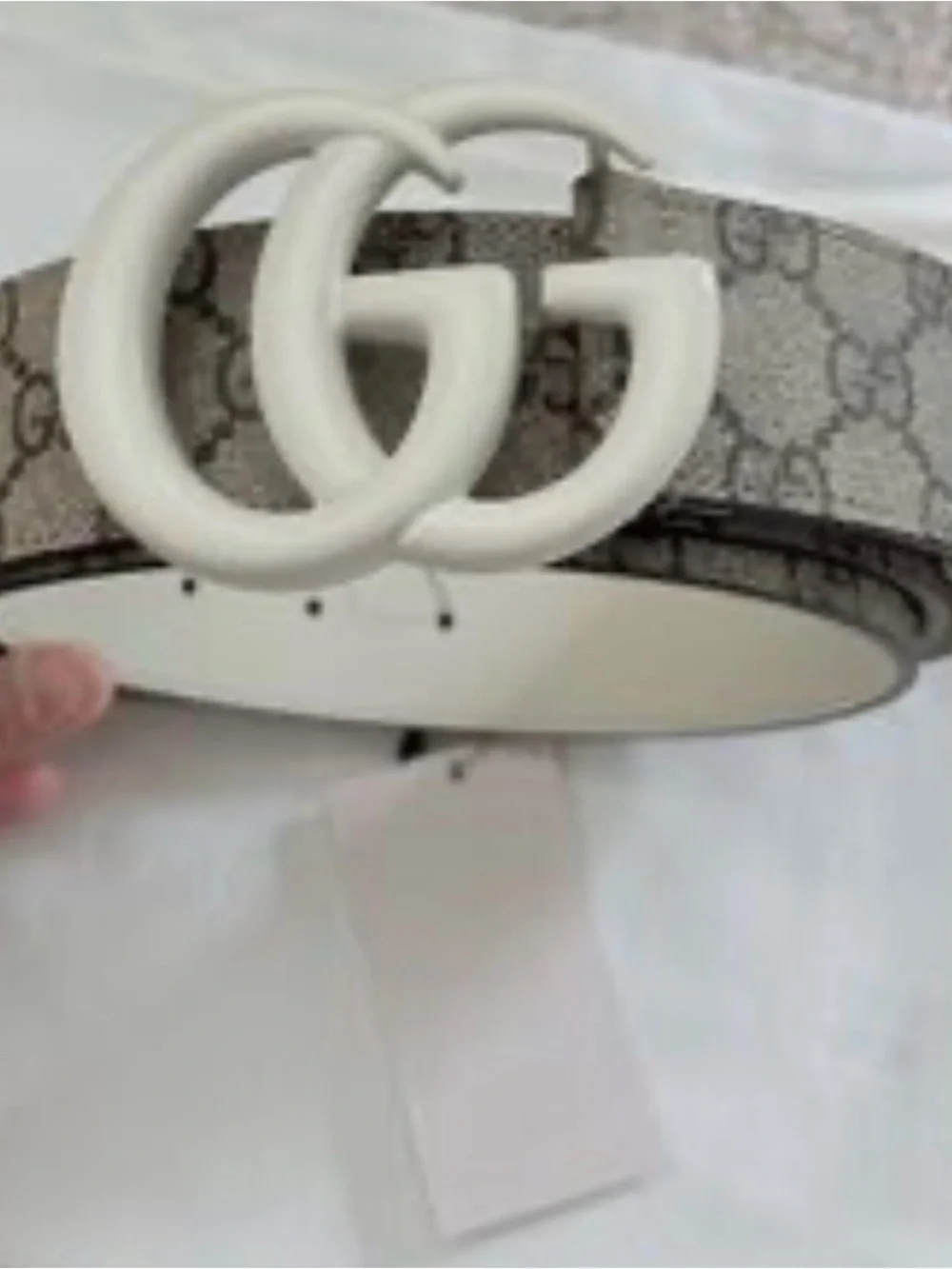 Gucci Beige GG Monogram Canvas Belt with White Double G Buckle